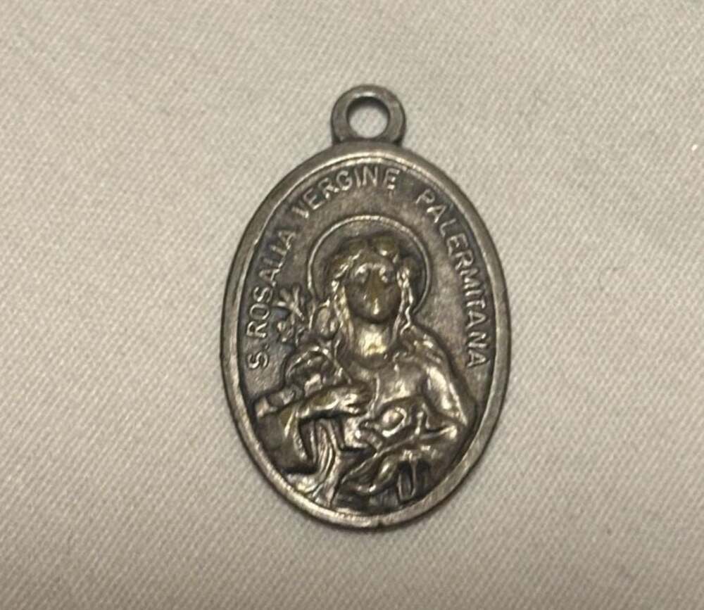 Vintage Saint Rosalia Oxidized Metal Catholic Pendant Medal